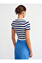 10398 Crew Neck Striped Short Sleeve Crop Sweater-Ecru-Navy - 2