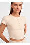 31022 Button Detailed Crop Top-Beige Melange - 3