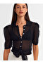 60240 Polo Collar Buttoned Openwork Knitwear Cardigan with Tie Detail - Black - 4