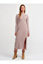 90170 Stand Collar Front Slit Knitwear Dress-Dark Beige