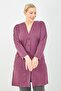 Women's Plum Buttoned Large Size Mother Long Combed Cotton Cardigan with Pockets