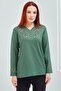 Women's Green V-Neck Buttoned Floral Lycra Mother's Combed Cotton Blouse