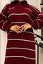 11038-14 Striped Knitwear Dress with Zipper Detail on the Collar, Burgundy - 3