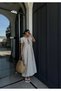 Brown Linen Striped Short Sleeve Long Dress with Lace Detail - 78456 - 3