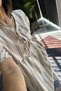 Brown Linen Striped Short Sleeve Long Dress with Lace Detail - 78456 - 4
