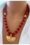 Gold Plated Natural Stone Red Coral Stone 10 mm and Fan Pendant Women's Necklace Gift - 2