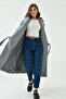 Women's Belt Detailed Double-Breasted Jacket Lapel Long Sleeve Lined Midi Length Gray Coat 9002 - 5