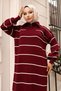 11038-14 Striped Knitwear Dress with Zipper Detail on the Collar, Burgundy - 2