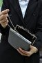 Women's Gray Glitter Evening Dress, Clutch Evening Bag - 2