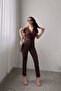 Women's Brown Collared Jumpsuit with Belt - 2