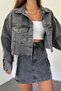 Women's Dark Anthracite Double Pocket Laser Cut Washed Crop Denim Jacket Bcdf- 235408 - 3