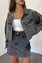 Women's Dark Anthracite Double Pocket Laser Cut Washed Crop Denim Jacket Bcdf- 235408 - 4