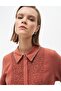 Brick Color Stone Embroidered Shirt Collar Tunic - 6