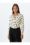 Polka Dot Crop Satin Blouse Double Breasted V-Neck Long Sleeve - 3