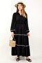 Prive Bohema Black Pompom Belted Maxi Length Viscose Long Dress - 2