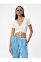 Textured Crop T-Shirt - Deep V Neck and Tie Detail - 3