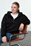 Siyah Kapüşonlu İçi Polarlı Önü Fermuarlı Büyük Beden Örme Sweatshirt TBBAW25AO00027 - 2