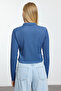 Indigo Buttoned Fitted Polo Collar Wrinkled/Textured Cropped Knitted Blouse Twoaw22Bz0241 - 5