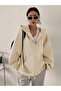 New Season Balloon Sleeve Beige Zippered Hooded Sweatshirt Cardigan Jacket
