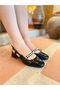 Women's Black Patent Leather Pearl and Bow Detail Open Back Low Heeled Mary Jane Shoes