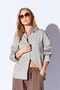 Khaki Satin Soft Textured Striped Comfortable Cut Women's Shirt with Pocket Detail - 9142 - 2