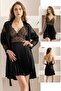 2-Piece Long-Sleeved Black Color Satin Nightgown Set with Lace Details on the Sleeves 15232