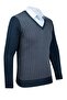Men's V-Neck Knitwear Petrol Sweater Patterned Steel Knit Classic Pattern - 5007D - 2