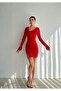 Long Sleeve V Gathered Sandy Dress - Slit Detail - 3