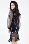 Organza Sequined Evening Dress with Sleeves Black - 2