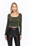 Women's Khaki Square Neck Long Sleeve Crop Blouse - 3