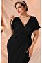 Women's Double-Breasted Collar Top Sequin Short Sleeve Front Slit Sandy Stretch Evening Dress - 2