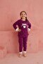 Purple Dreams Heart Pattern Crew Neck Plush Fleece Pajamas Suit - 3