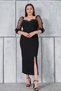Women's Sweetheart Neckline Spaced Pearl Detail Sleeve Patterned Tulle Front Slit Stretchy Plus Size Evening Dress - 4