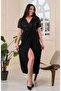 Women's Double-Breasted Collar Top Sequin Short Sleeve Front Slit Sandy Stretch Evening Dress - 6