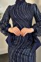 Navy Blue Bellanca Glitter Evening Dress - 3