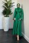 Grass Green Satin Dress - Violet Spanish Sleeve, Waist Tie