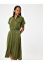 Aerobin Satin Midi Length Shirt Dress Short Sleeve Belted Flared Skirt - 2