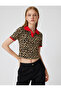 Polo Collar Sweater with Leopard Pattern and Short Sleeves - 3