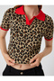 Polo Collar Sweater with Leopard Pattern and Short Sleeves - 5
