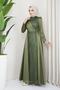 Satin Hijab Evening Dress with Sequin and Glitter Detail on the Front and Cape Skirt LIGHT GREEN 1642