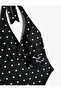 Polka Dot Halter Neck Swimsuit with Rose Applique Detail - 3