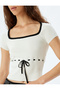 Crop Sweater Short Sleeve Bow Detail Square Neck Slim Fit - 5