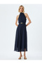 Polka Dot Halter Neck Dress Midi Length Belted Lined