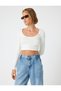 Long Sleeve Crop T-Shirt Ribbed Deep Round Neck Cotton Slim Fit - 3