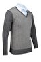 Men's V-Neck Knitwear Gray Sweater Patterned Steel Knit Classic Fit - 5007D - 2