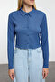 Indigo Buttoned Fitted Polo Collar Wrinkled/Textured Cropped Knitted Blouse Twoaw22Bz0241 - 3