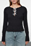 Black Bow and Cut Out Detail Crew Neck Slim/Body-Fitting Knitted Blouse Twoaw25Bz00177 - 4