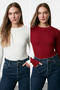 Bordo-Taş 2'li Paket Slim Çıtçıtlı Dik Yaka Fitilli Esnek Örme Body TWOAW23BD00030