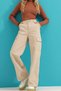 Beige Cargo Loose Back Pocketless Lycra Super High Waist Jean Trousers
