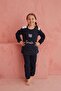 Navy Blue Smile Polka Dot Print Crew Neck Plush Fleece Pajamas Suit - 3
